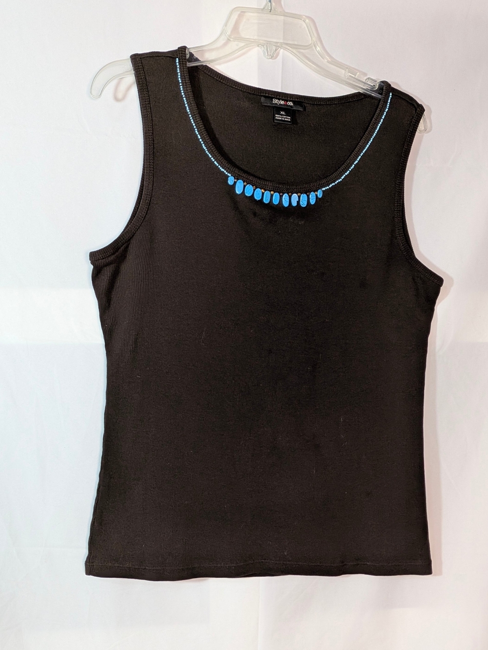 Style & Co Brown Tank with Blue Beaded Neckline